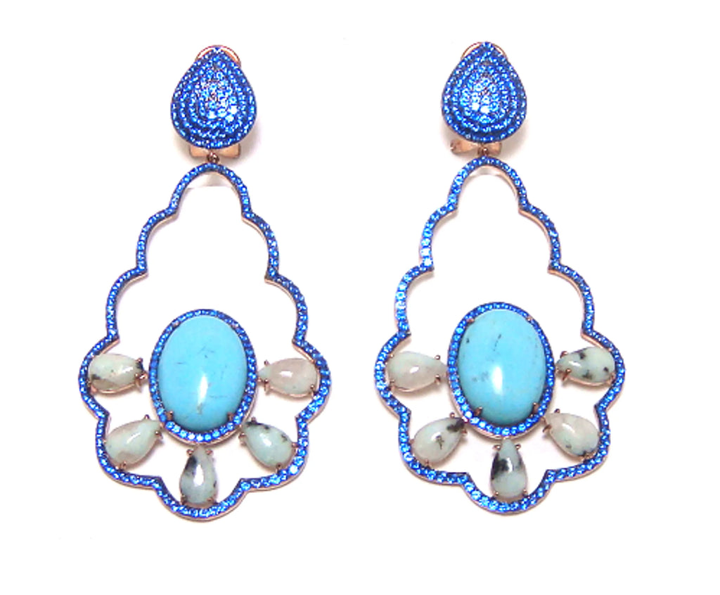 Turquoise & Kiwi Agate, Drop Earrings, 925 Sterling Silver