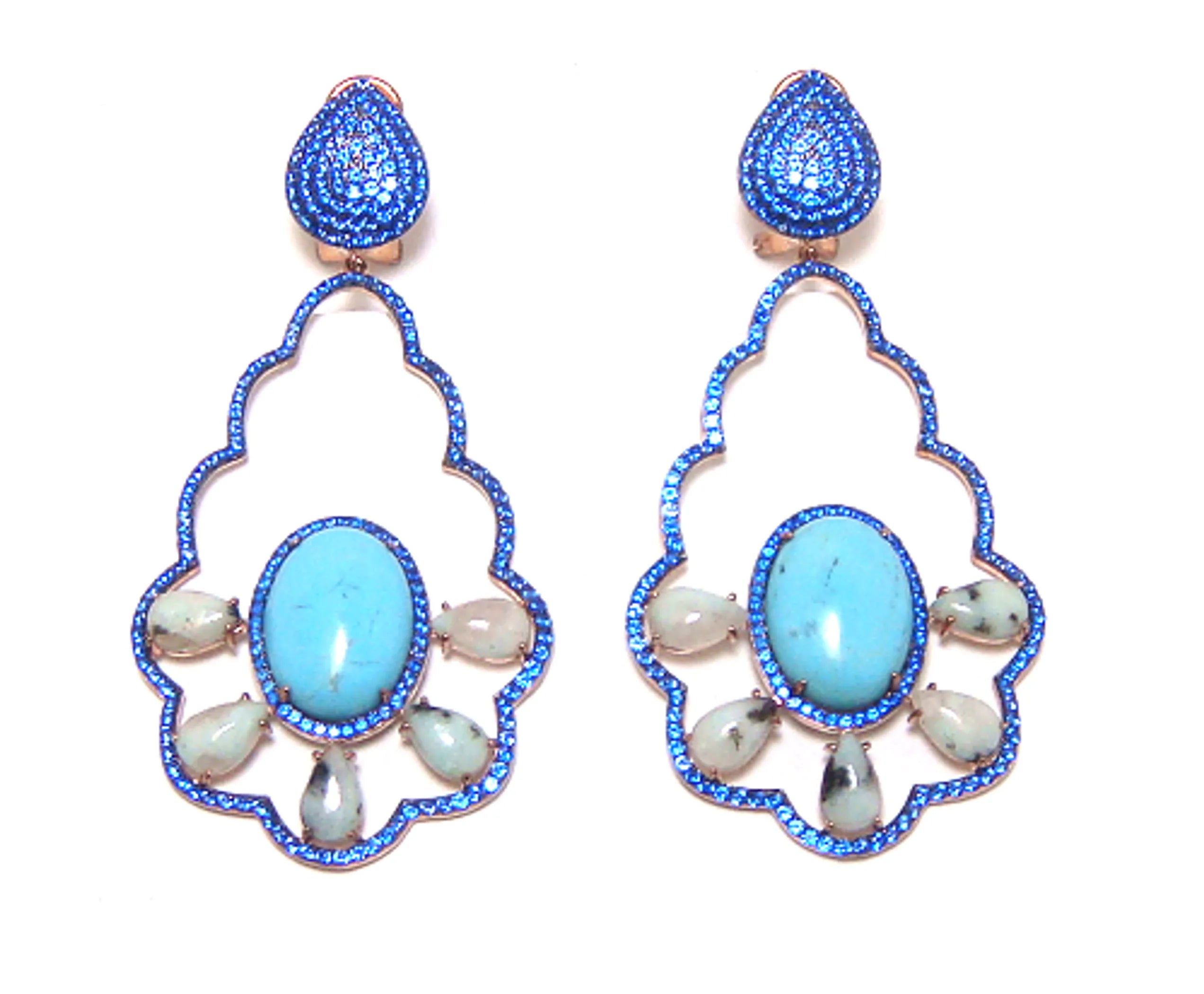 Turquoise & Kiwi Agate, Drop Earrings, 925 Sterling Silver