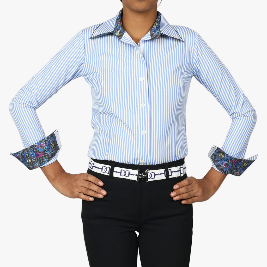 TuffRider Girls ADEY Double Collar Stripe Shirt-Blue-L