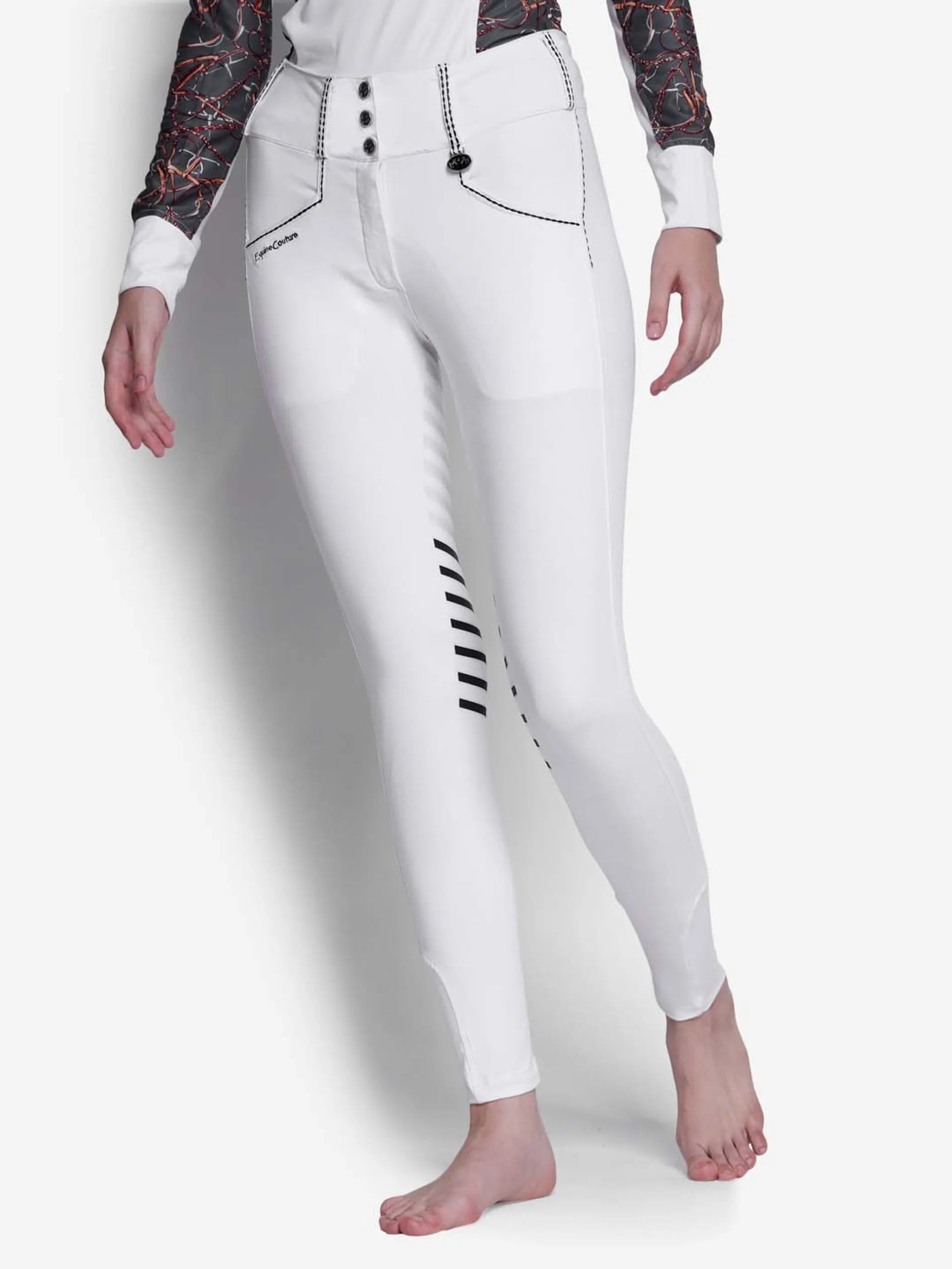 Equine Couture Saddle Stitch Extended Knee Patch Ladies Breeches-White-24