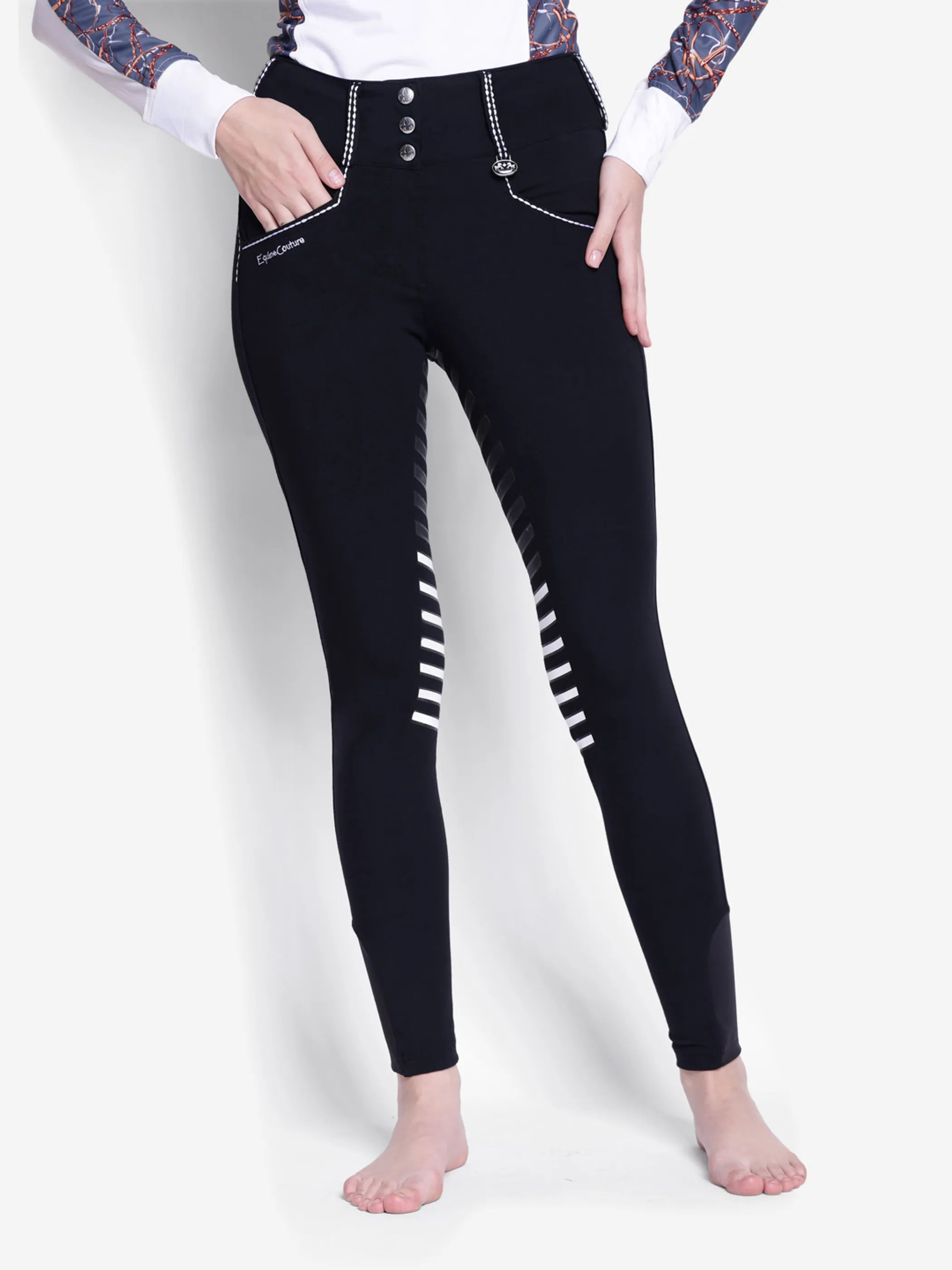 Equine Couture Saddle Stitch Extended Knee Patch Ladies Breeches-White-24