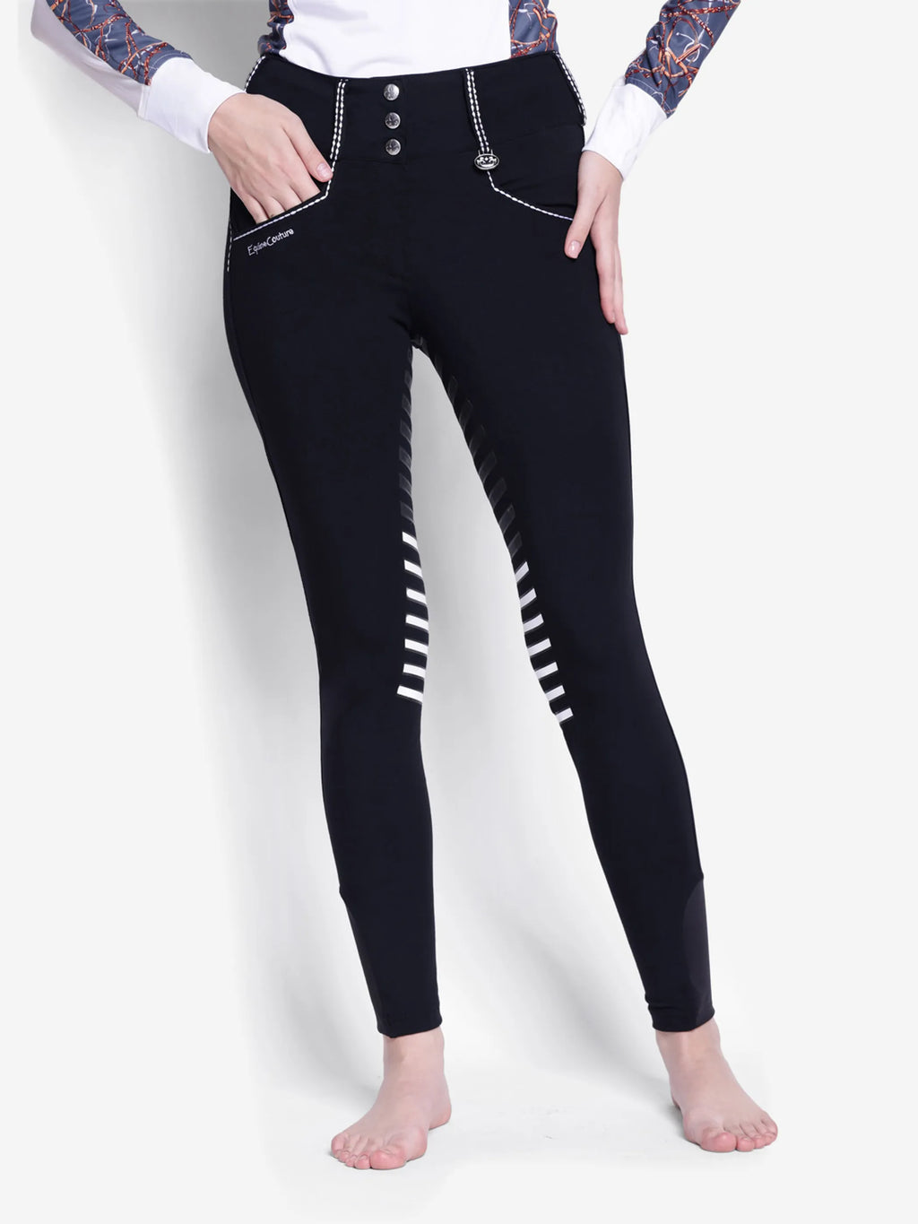 Equine Couture Saddle Stitch Extended Knee Patch Ladies Breeches-White-24