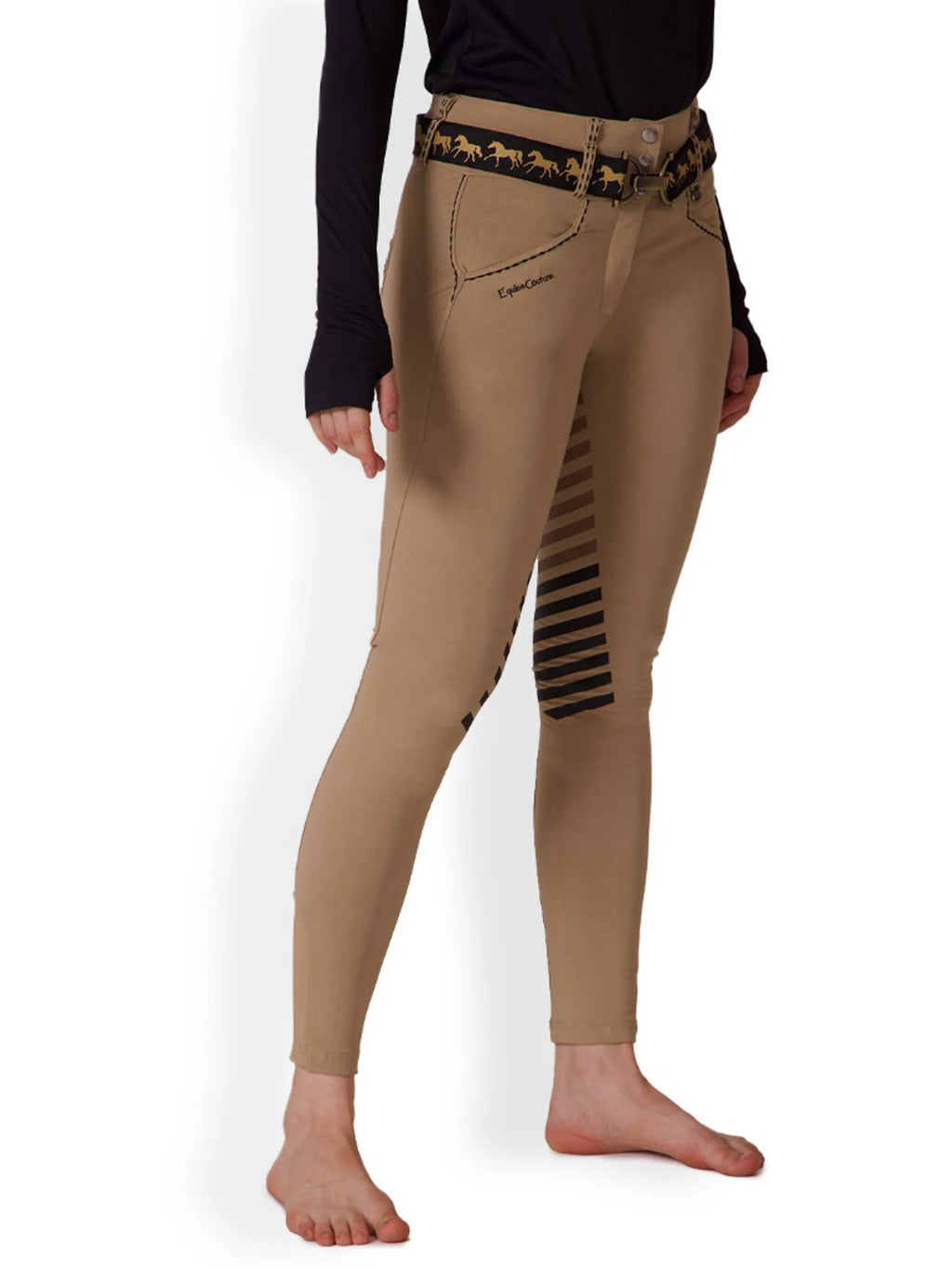 Equine Couture Saddle Stitch Extended Knee Patch Ladies Breeches-White-24