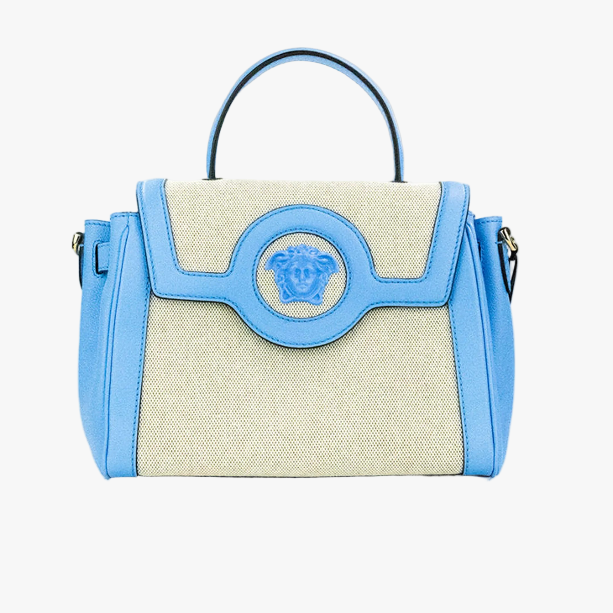 Versace La Medusa Blue Leather Canvas Satchel Tote