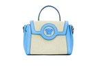 Versace La Medusa Blue Leather Canvas Satchel Tote