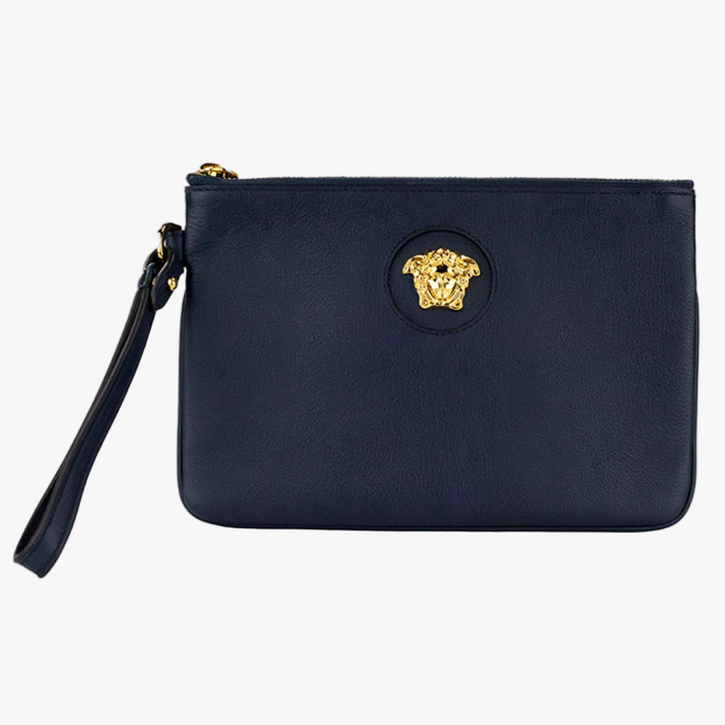 Versace Small Navy Pebbled Leather Wristlet Clutch Pouch