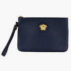 Versace Small Navy Pebbled Leather Wristlet Clutch Pouch