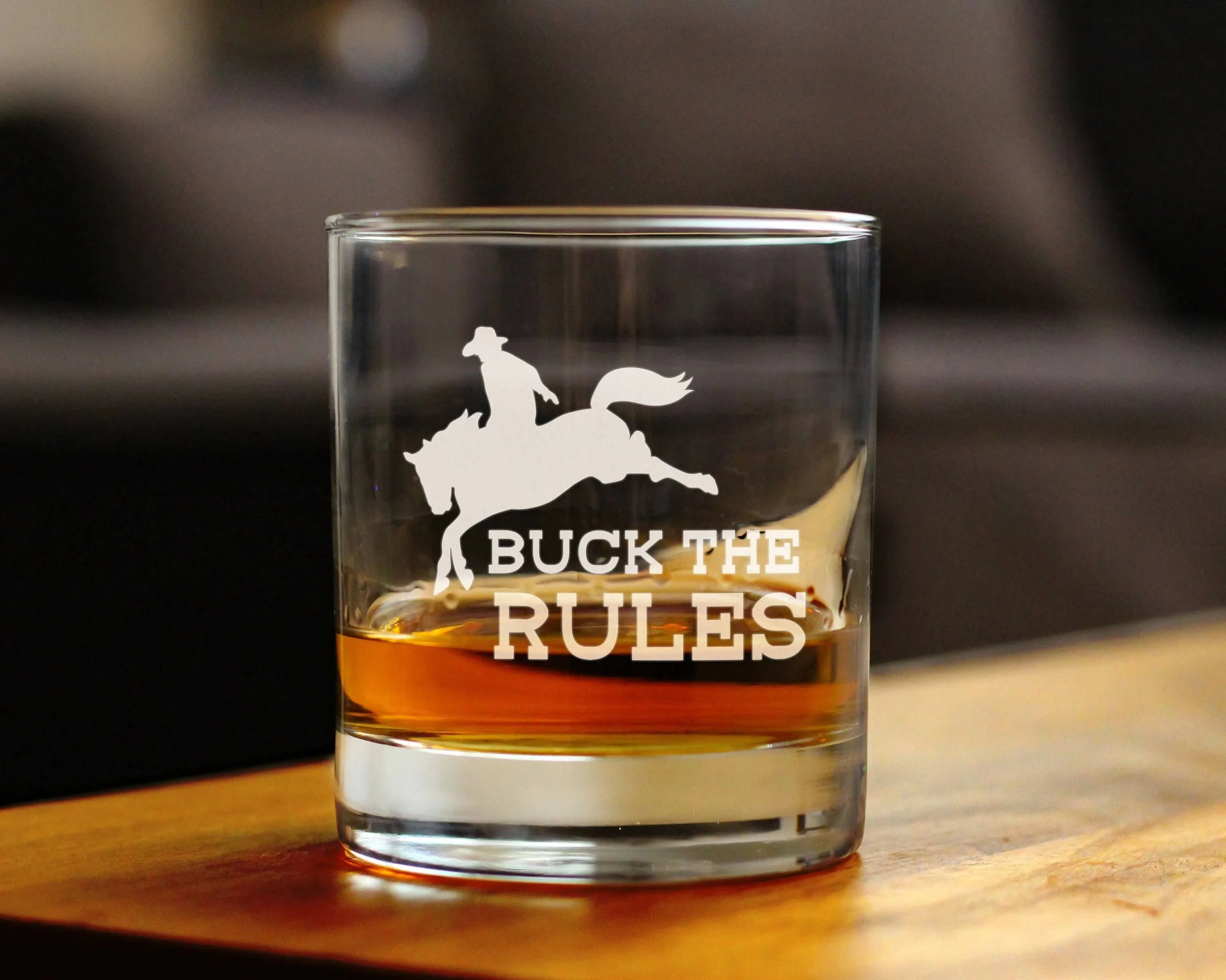 Buck the Rules Whiskey Rocks Glass - Horse Rodeo Gifts