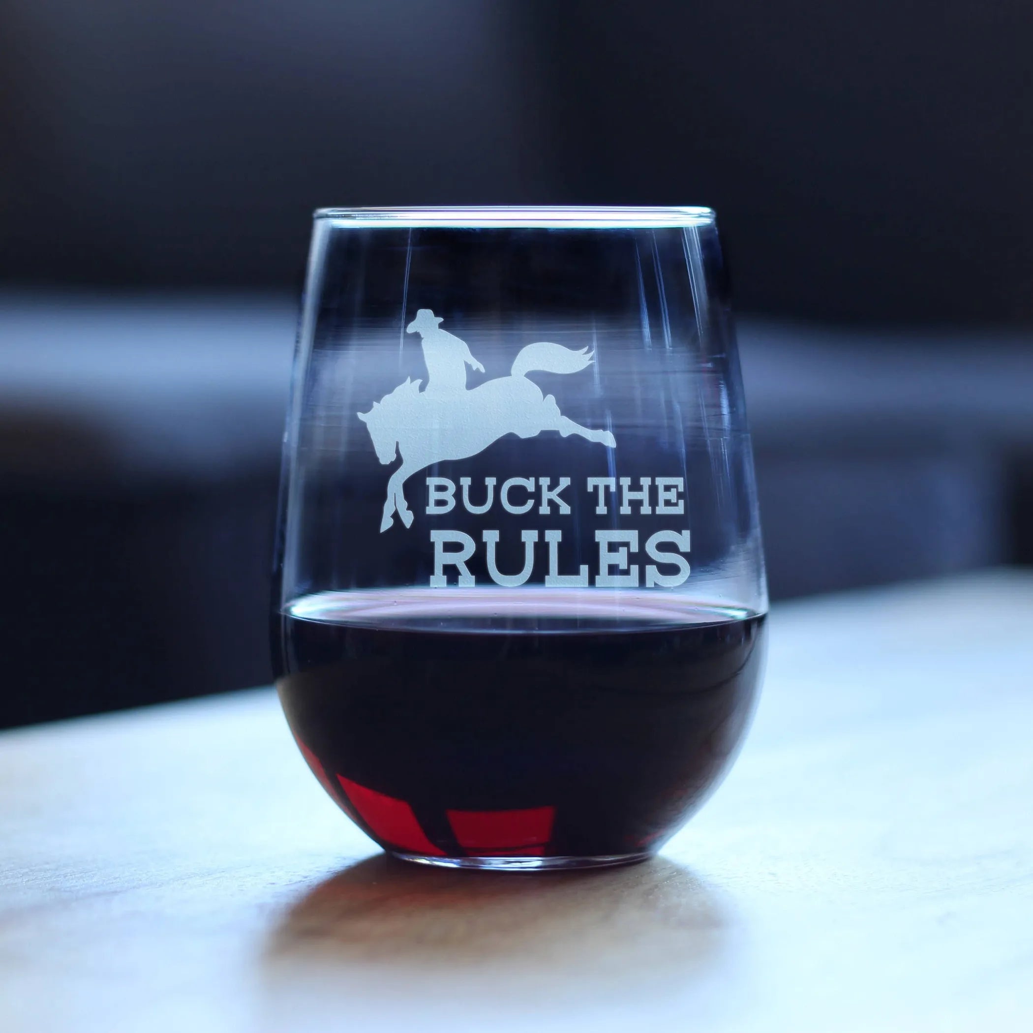 Buck the Rules Stemless Wine Glass - Horse Rodeo Gifts