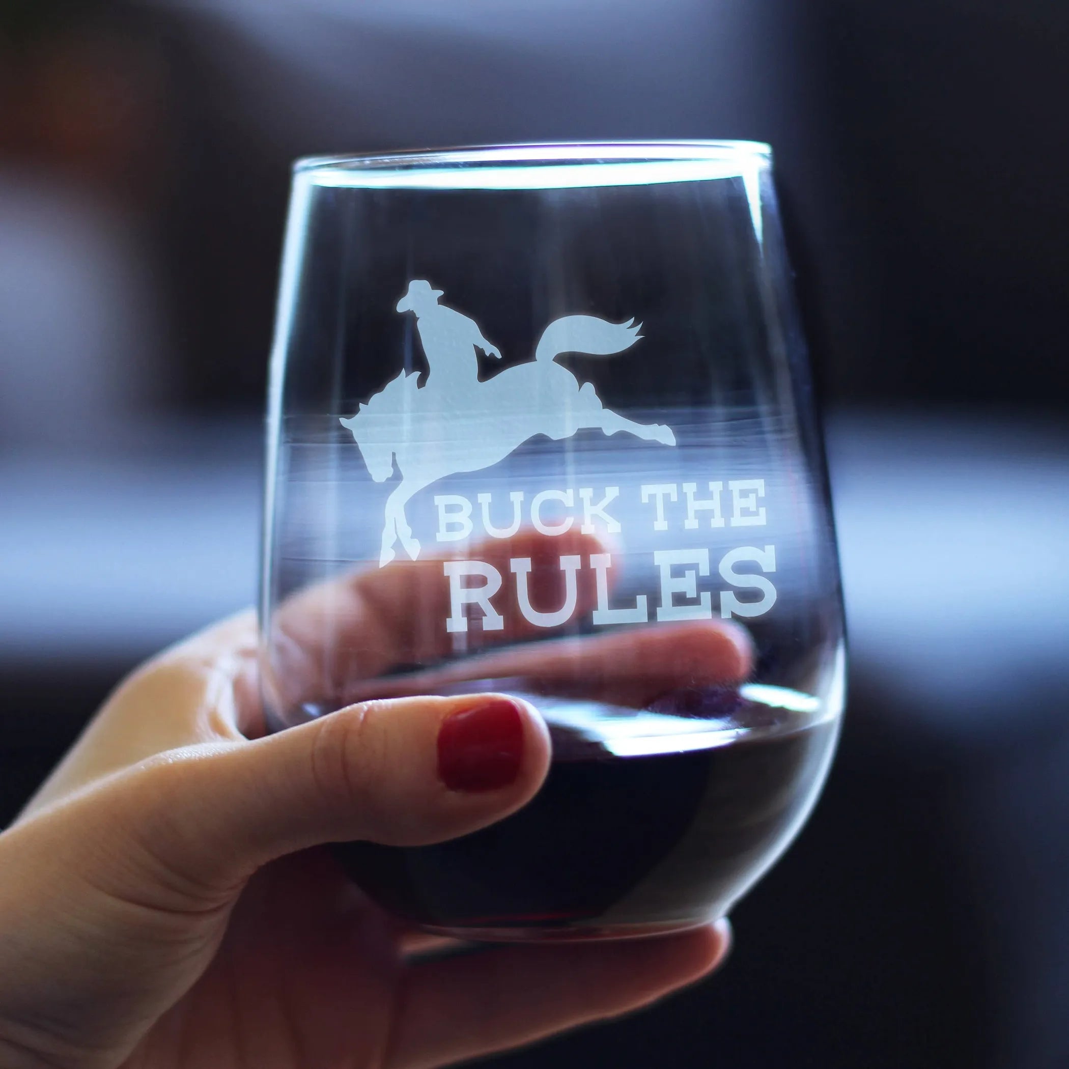 Buck the Rules Stemless Wine Glass - Horse Rodeo Gifts