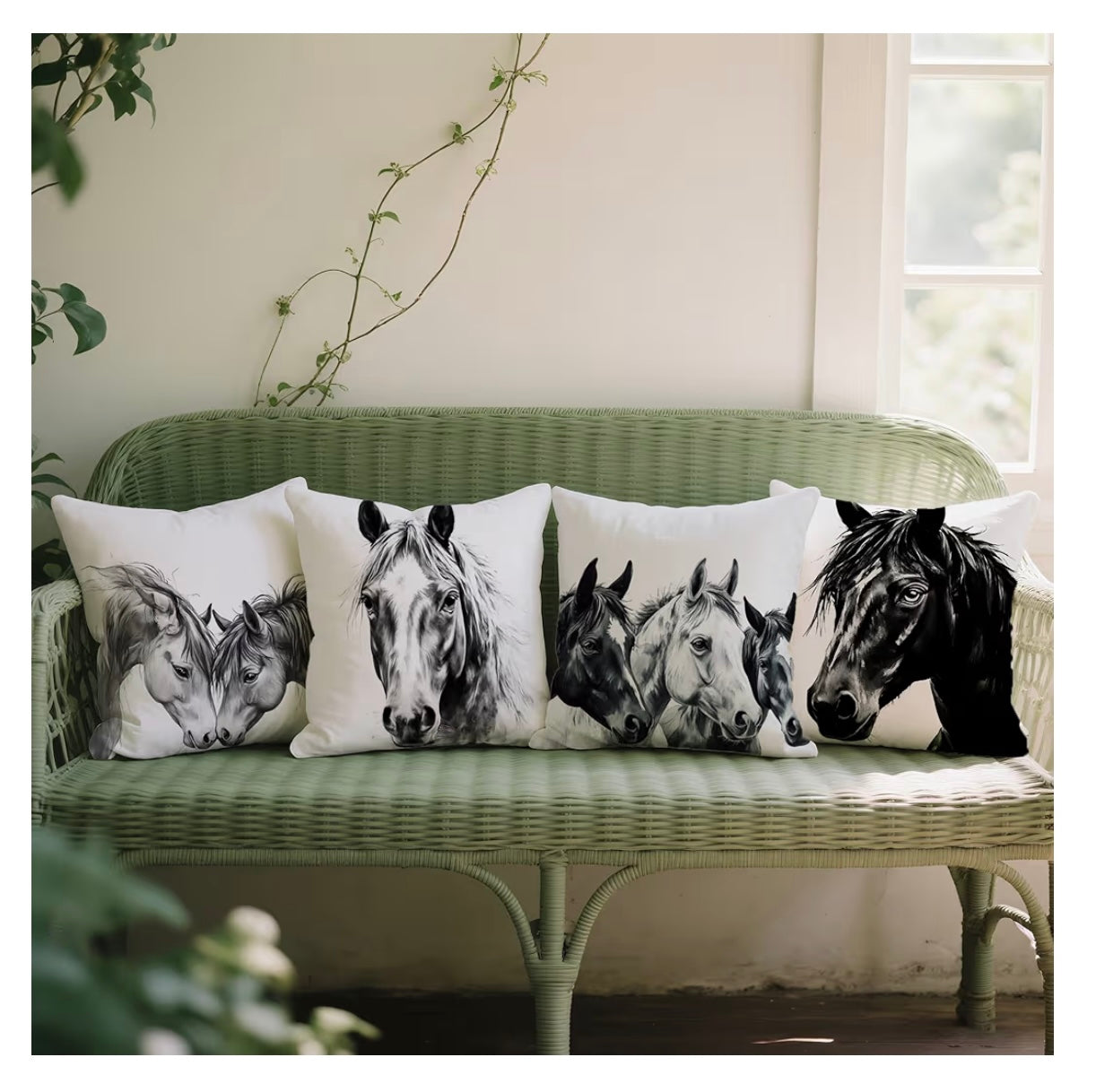 Set of 4 Horse Throw Pillows. 18 by 18inches.  Creative Black and White Design