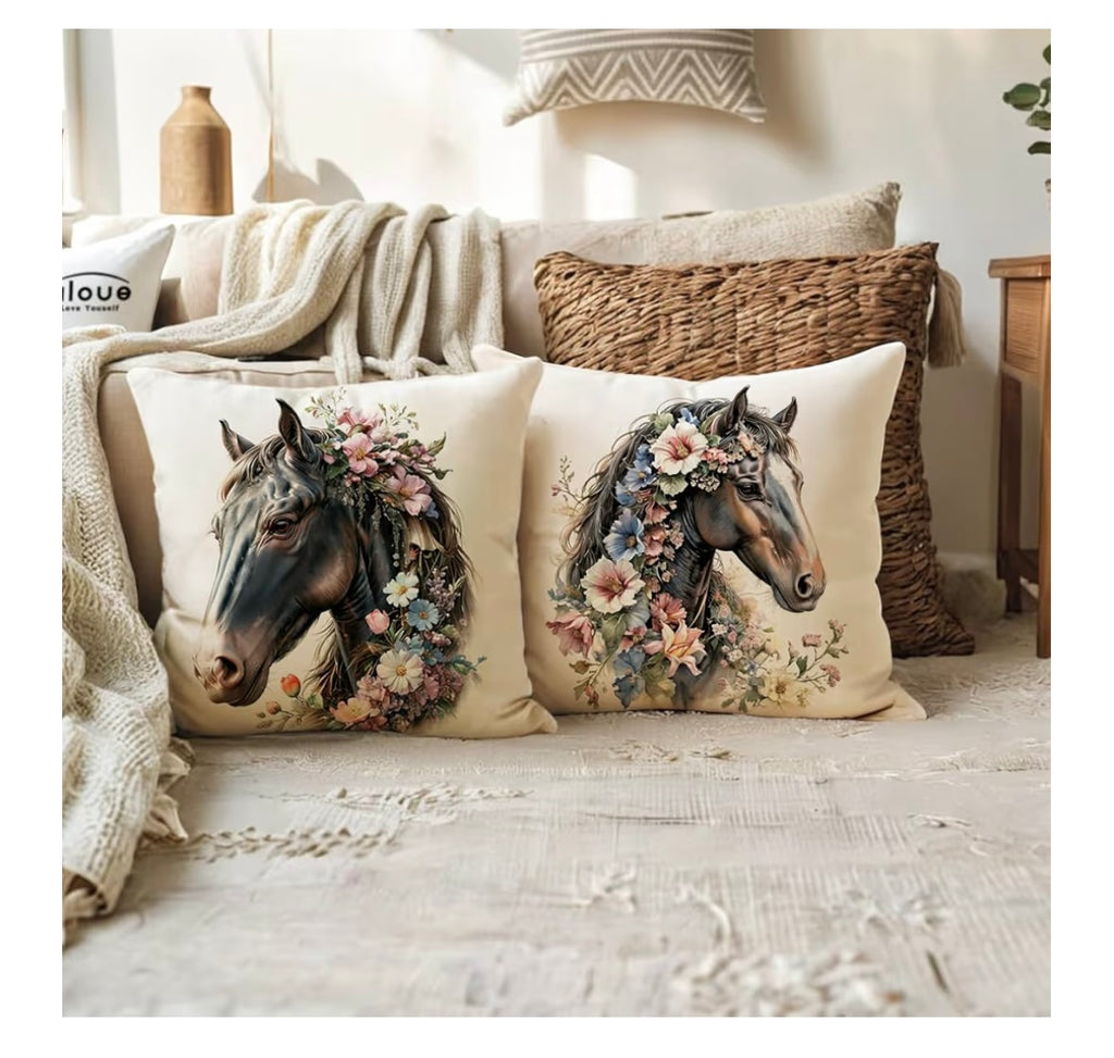 2 Horse Throw Pillows.  Wildflower Watercolor Rustic Farmhouse Design.  18 X 18 Inches.