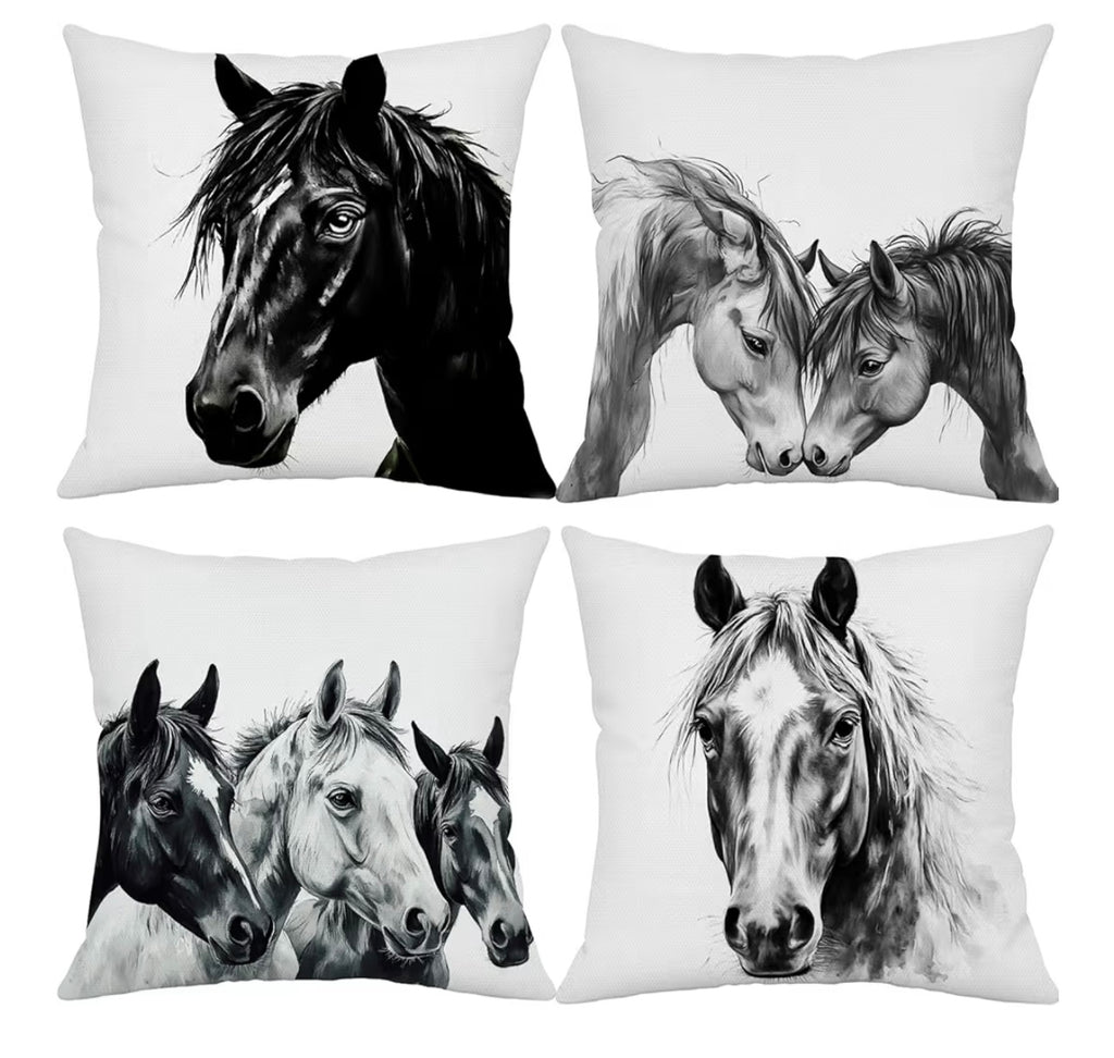Set of 4 Horse Throw Pillows. 18 by 18inches.  Creative Black and White Design