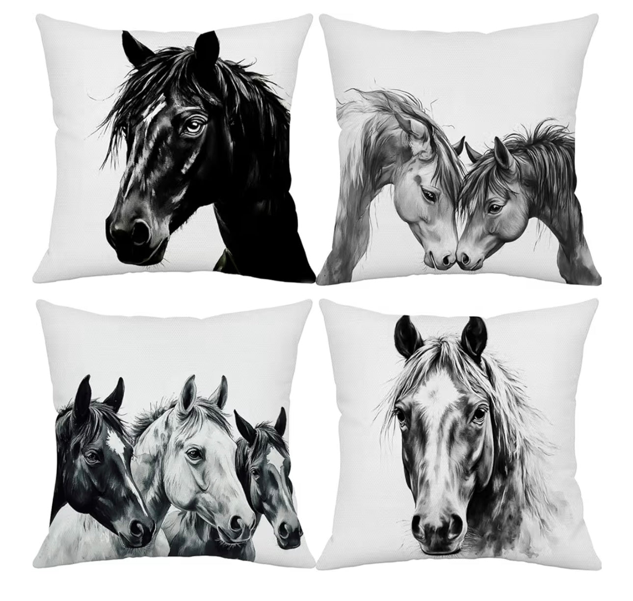 Set of 4 Horse Throw Pillows. 18 by 18inches.  Creative Black and White Design
