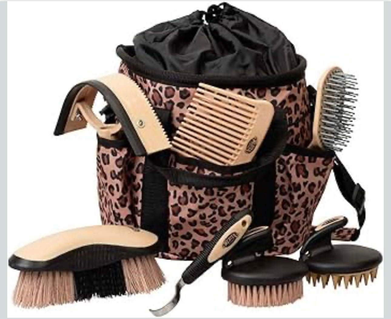 Leather Horse Leopard Grooming Kit, 7-piece Brush Set with Organizer Tote Bag