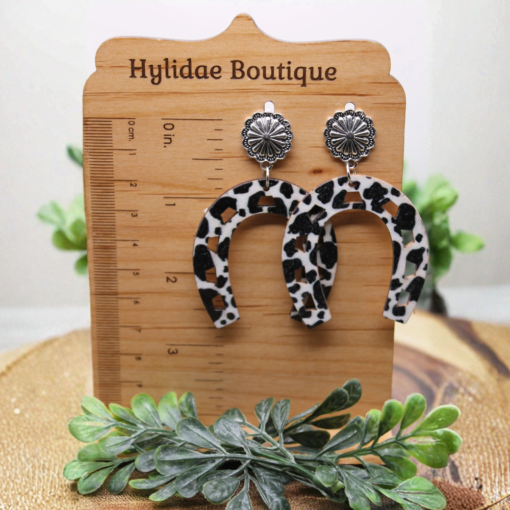Cow Print Horseshoes || Dangle Earrings || Hypoallergenic