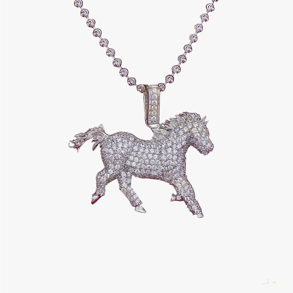 10K White Gold Finish Silver Horse Pendant with Lab Created Diamonds