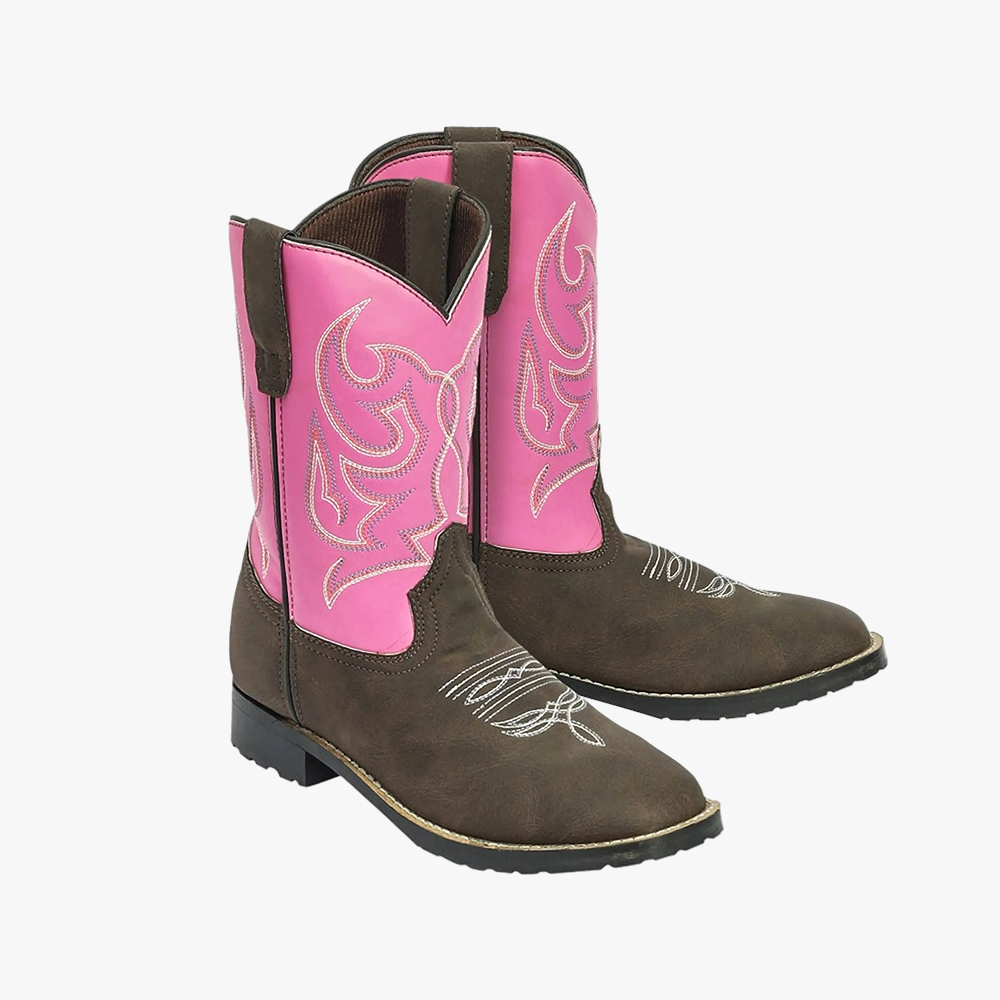 TuffRider Children's Voyageurs Square Toe Western Boot- Mocha w/ Hot Pink- 10C