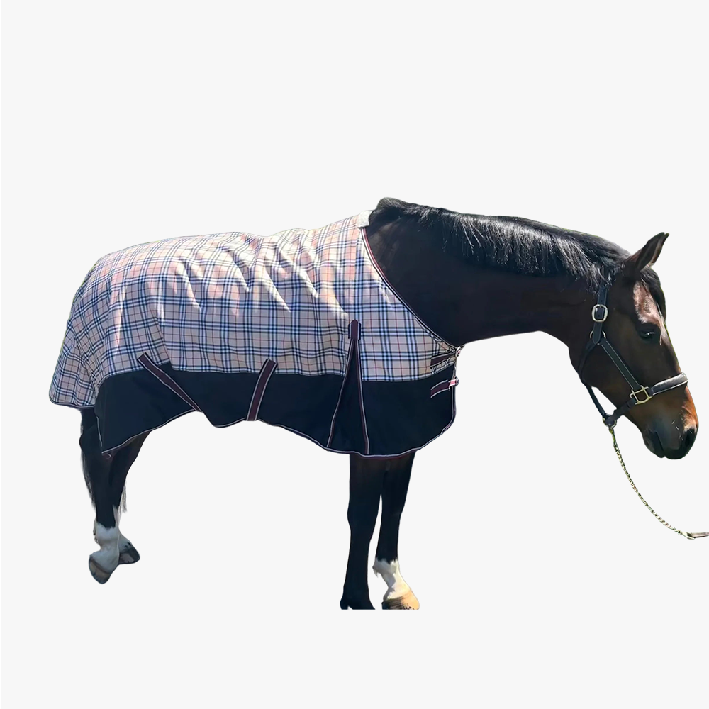 TuffRider Turnout Comfy 1200 D Medium Weight 200 GSM Standard Neck Blanket- Beige and Black Plaid- 69